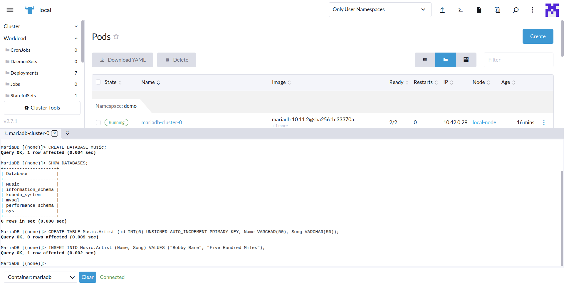 create table and insert data