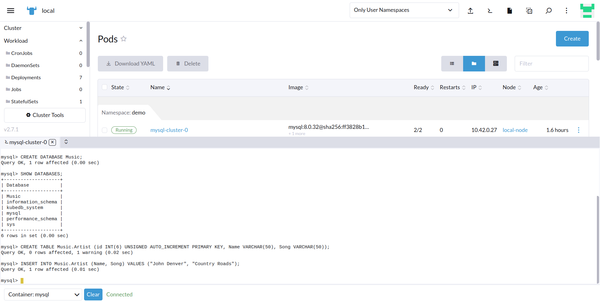 create table and insert data