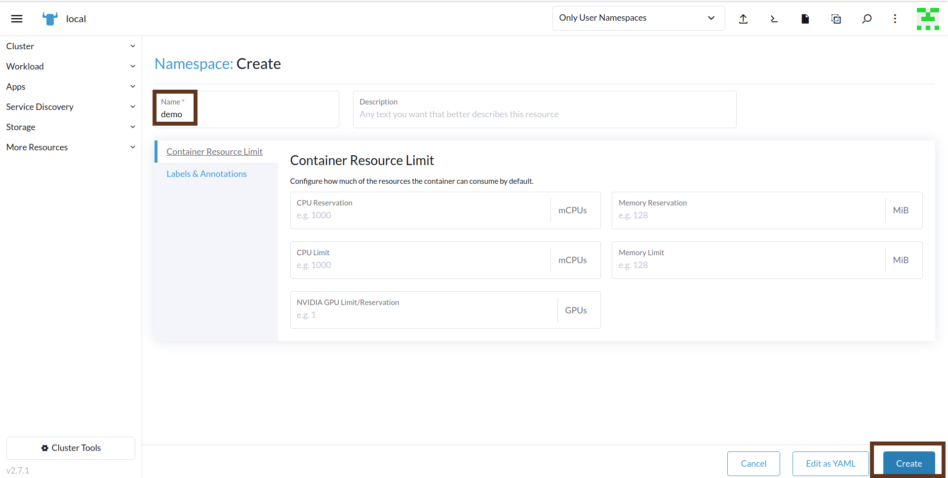 create namespace demo