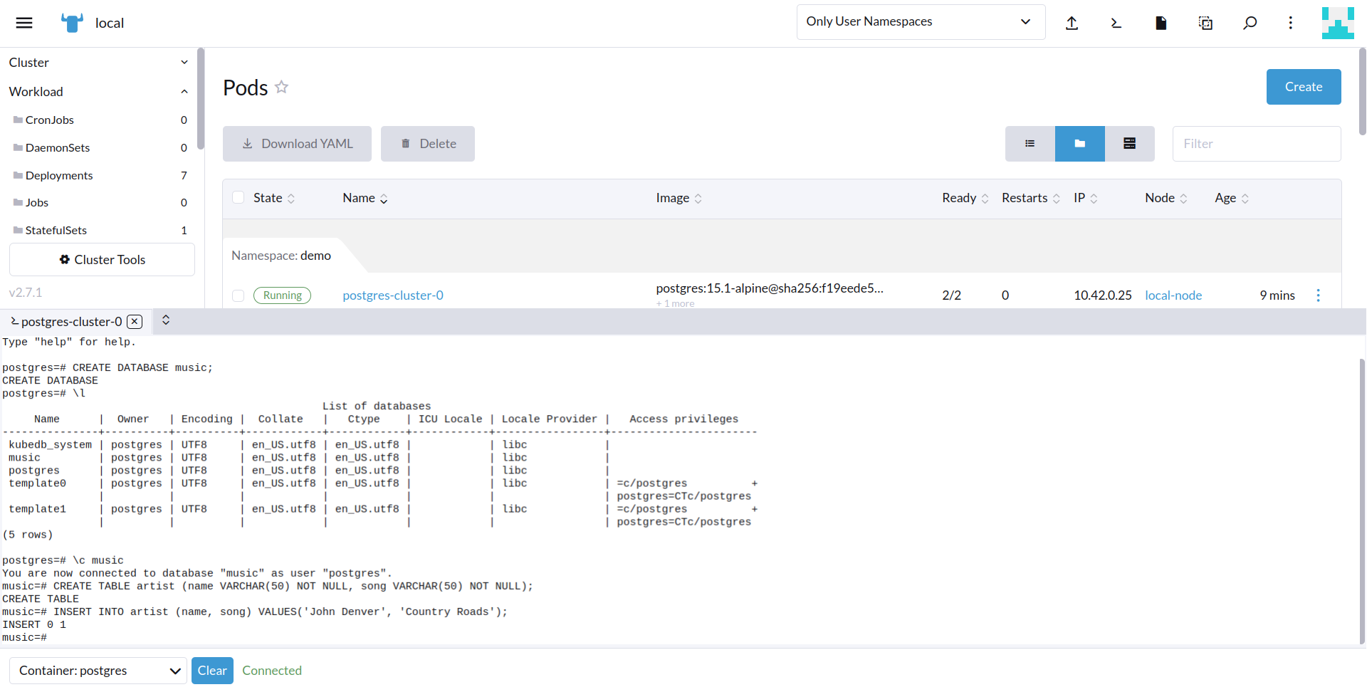 create table and insert data